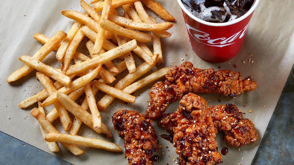 Drunken Chicken Fingers Combo · 4 Crispy Chicken Fingers tossed in Cajun seasoning and finished with a Whiskey Glaze sauce, toasted sesame seeds, and crushed red chile flakes. Delivered with extra Whiskey Glaze in case you?re feeling saucy. Served with seasoned fries and a Fountain Drink.