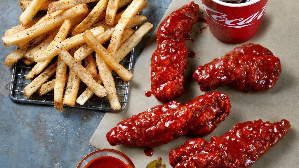 Sticky Chicken Fingers Combo · 4 Crispy Chicken Fingers tossed in your choice of sauce, served with seasoned fries and a Fountain Drink.  Includes ranch or Blue Cheese.