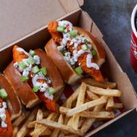 Buffalo Bird Dog Combo · 3 Chicken fingers tossed in Frank’s RedHot® Buffalo sauce on mini buns with Ranch, diced cel...