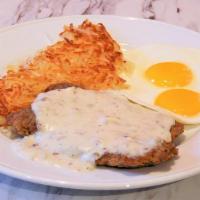 COUNTRY FRIED STEAK & EGGS · Two eggs any style, house-made country gravy, hash browns, pancakes or toast.