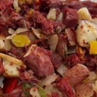 CORNED BEEF HASH · Ground corned beef, diced potato, bell peppers, onions