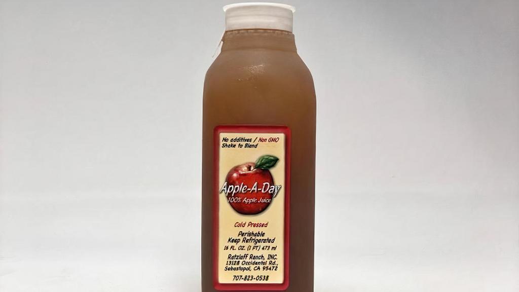 APPLE JUICE · 16 oz bottle. 100% pure apple juice, processed using the cold-press method and UV treatment. From Apple-A-Day Ratzlaff Ranch, a local, family-run business in Sebastopol, CA.