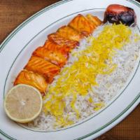 40. Salmon - ماهی سالمون · Marinated filet of salmon with basmati rice, saffron and tomato