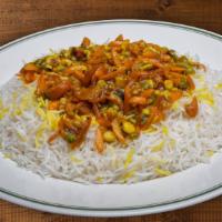 56. Shirin Polo - شیرین پلو · Basmati rice with pistachios, almonds, orange peel, saffron