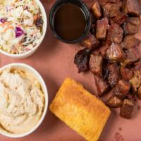 Burnt Ends Plate · limited supply. Brisket burnt ends tender and juicy, with two sides and cornbread.
