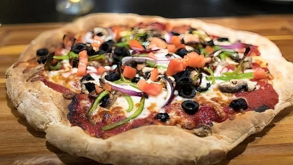 Veggie Pizza · Tomatoes, onions, green bell pepper, olives.