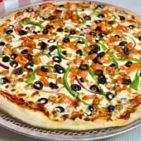 Premium Shrimp Pizza · Sautéed shrimps, onions, green peppers, olives and tomatoes.