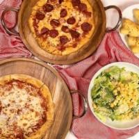 Pizza Family Meal · One cheese pizza, one pepperoni pizza, Caesar salad, six garlic knots with dipping sauce and...
