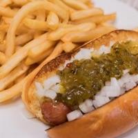 All Beef Hotdog Meal · Four oz natural casing all-beef hot dog, topped with sweet relish and diced onions served wi...