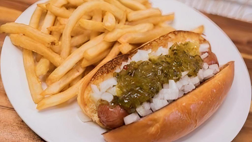 All Beef Hotdog Meal · Four oz natural casing all-beef hot dog, topped with sweet relish and diced onions served with fries.