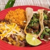 2 Beef Tacos Meal · Carne asada, pico de gallo and salsa served with Mexican rice and pinto beans.
