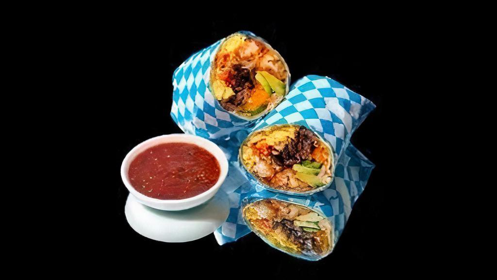 BBQ Burrito · Eggs, brisket, melted cheese, caramelized onions, BBQ sauce.