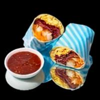 Bacon Burrito · Eggs, beef bacon, tater tots, melted cheese, caramelized onions, avocado.