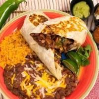 Breakfast Loaded Burrito Meal · Stuffed with eggs, cheese, fried potato and turkey bacon served with Mexican rice and pinto ...