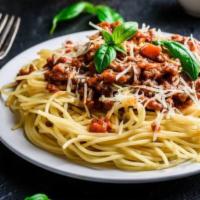 Spaghetti Bolognese · Spaghetti in a homemade meat sauce