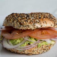 Bagel with avocado, tomato and red onion · Plain, 9 grain, cinnamon raisin, cheddar, cheddar jalapeno, sasame, everything(all in one), ...