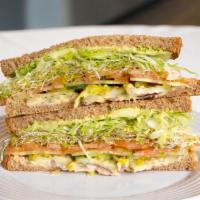 Veggie · Avocado, humus, sprout and cucumber.
Included: mayo, mustard, lettuce tomato, pickle, onion ...