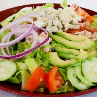 Cobb Salad · Romaine, turkey,blue cheese,bacon, avocado, tomato,cucumber and red onion.
Choices: ranch,bl...
