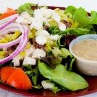 Greek Salad · Organic greens,chicken breast, feta cheese, kalamata olives,pepperoncinis,tomato.cucumber an...