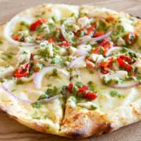 Chicken Pesto Pizza · Spinach, feta cheese and grilled chicken on an Italian origin pizza.