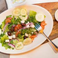 Athena Salad · hearts of romaine lettuce, cucumber, feta, tomato, red onion, and kalamata olives dressed wi...