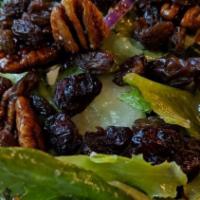 Garden Salad · spring greens, tomato, red onion, cucumber, dried cranberries, raisins, feta & dried pecans ...
