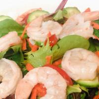 Shrimp Salad · Mix green salad with shrimp, tomato, cucumber, onion, carrot