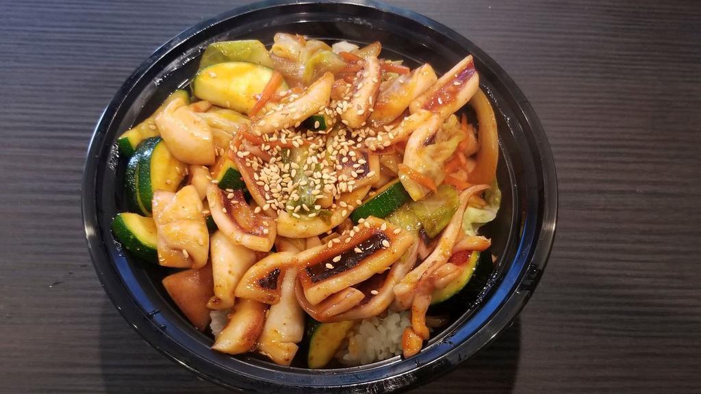 Spicy Squid Rice Bowl · stir-fried squid and vegetables over white rice