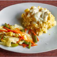 Mac Veggies · A single serving of our signature Mac & Cheese topped with Mixed Veggies.