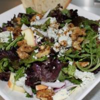 Blue Cheese & Walnut Salad · Fuji apple, red onion, maple walnuts, and crumbled blue cheese on bed of greens, drizzled wi...