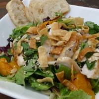 Asian Chicken Salad · Grilled chicken breast, mandarin orange, sliced almonds, sesame seeds, and wonton crisps on ...