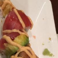 Ruby Hill · Ebi tempura and crab meat topped w/ tuna, avocado & house sauce.