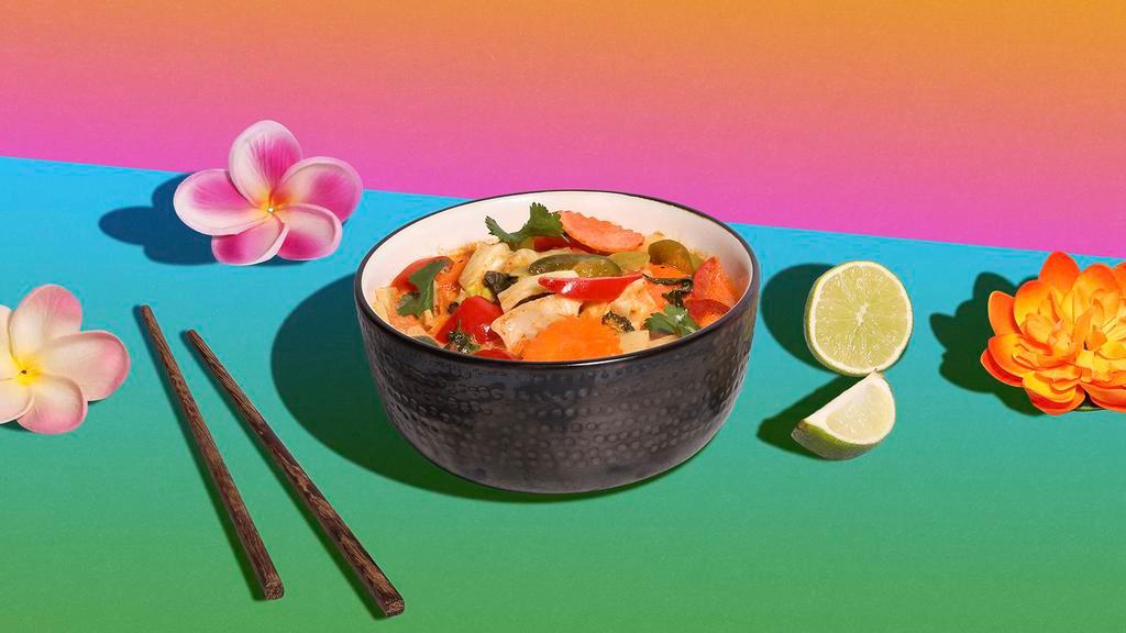 Red Curry · Gluten free, vegan friendly. Coconut cream, kaffir lime, sweet basil curry with your choice of tofu or vegetables.