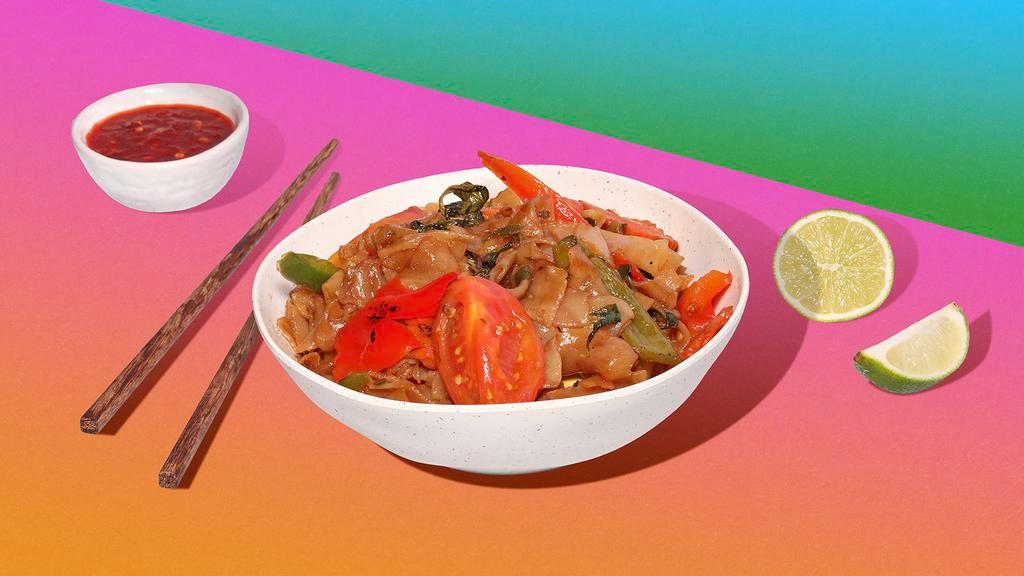 Vegan Drunken Noodles · Gluten free, vegan friendly. Flat rice noodles, served with tomatoes, onions, bell peppers and fresh chiles with your choice of tofu or vegetables. Add egg at an upcharge.