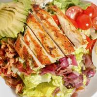 Cobb Salad · Grilled chicken, bacon, hardboiled egg, blue cheese, avocado, tomatoes, grilled onions, tarr...