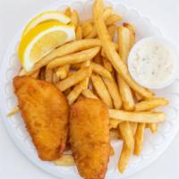 Fish & Chips · 2 fish fillets with fries on the side with tartar sauce and ketchup