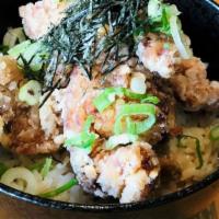 Chicken Karaage Don · Japanese style fried chicken over rice.