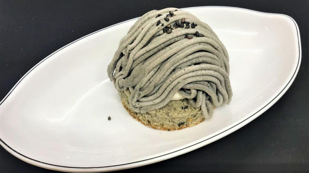 Black Sesame Mont Blanc · Both sesame paste and roasted sasame into sponge dough, which enables us to invent very filling and savory sasame-made Mont Blanc. Accentuating sasame flavor by choosing subtly sweetness of soymilk whipped cream for inner cream.