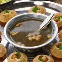 Paani Puri - 8 pcs · Popular street food snack!! Potato, onion, chickpeas, coriander chutney stuffed crispy puri ...