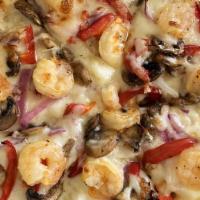 #5 Shrimp Lovers · White garlic sauce, mozzarella cheese, red onion, red bell peppers, fresh garlic, shrimp, le...