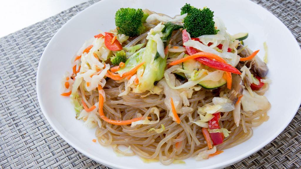 Japchae Noodle & Beef · Stir-fried glass noodles with vegetables and beef.