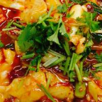 Spicy Boiled Fish Filed · 麻辢水煮魚. Hot.
