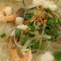 N2. Seafood Noodle Soup · Mì/ Hủ Tiếu Hải Sản. Shrimp, calamari, scallops, fish balls & shrimp balls