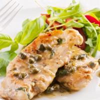 Chicken Piccata Dinner · Sauteed with lemon and capers in a wine butter sauce. Served with spaghetti.