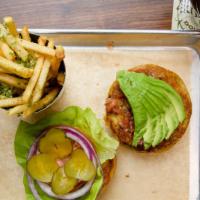 Housemade Veggie Burger · Veggie patty of lentils, chickpeas, bell peppers, onions topped with pico de gallo and avoca...
