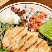 Cobb Salad · Spring mix, hard boiled egg, diced red onions, blue cheese crumbles, chopped bacon, cherry t...