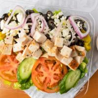 Greek Salad · Romaine lettuce, tomatoes, olives, red onions, cucumbers and feta cheese.