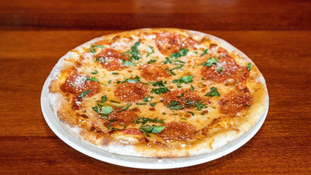 Pepperoni Pizza · Molinari pepperoni, mozzarella, tomato sauce.