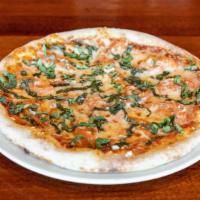 Margherita Pizza · Mozzarella, fresh tomatoes, garlic, fresh basil, tomato sauce.