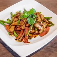 Fiery Tofu · Wok stir-fried with firm tofu, red bell peppers, onions, basil, garlic, ginger, cooking vine...